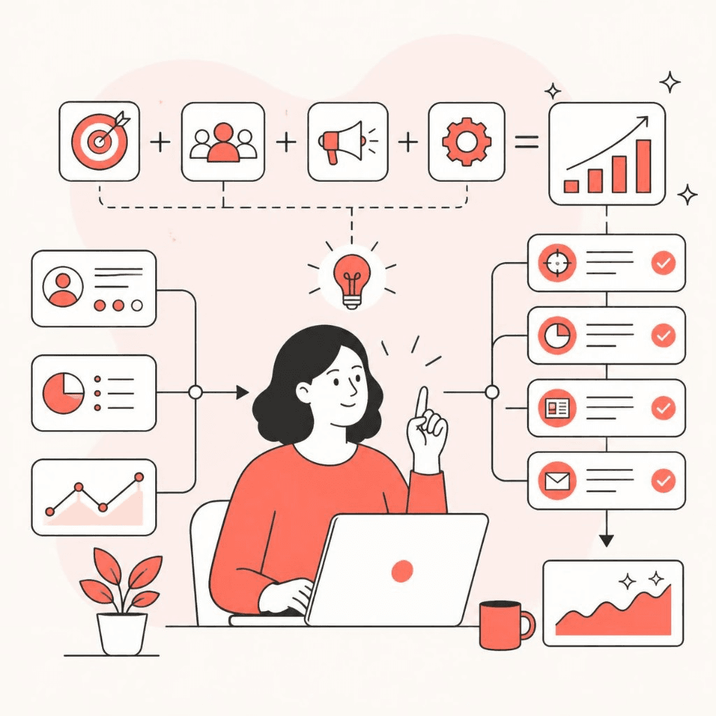 Marketing formula combining knowledge, lens, context, evidence, memory, and judgment