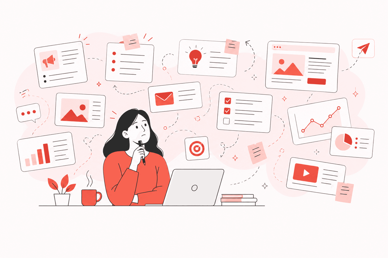 Marketer surrounded by competing channels, metrics, and decisions